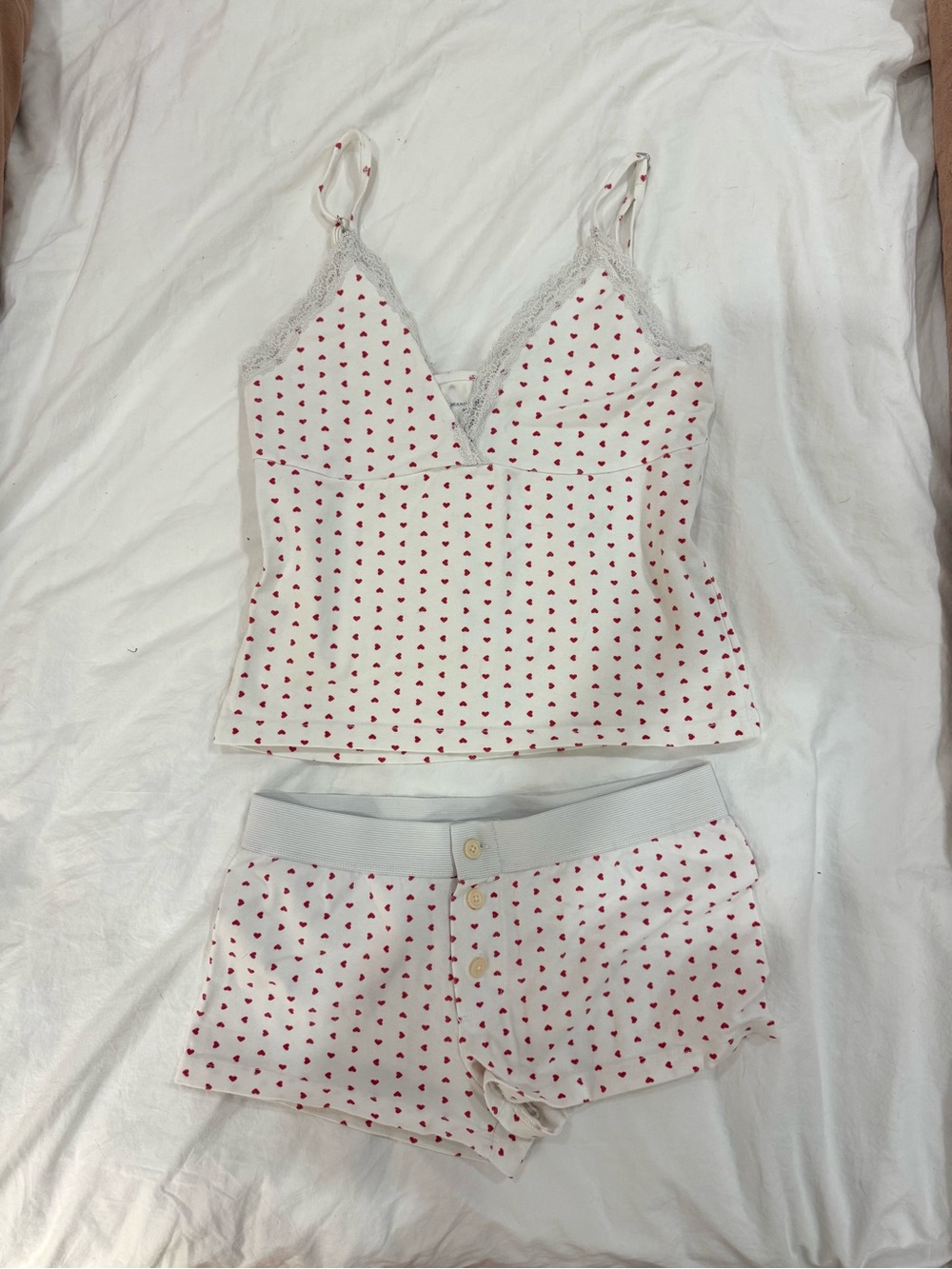 Brandy Melville White/Red Hearts Pajama Set - Tank Top and Boxers - ONE SIZE